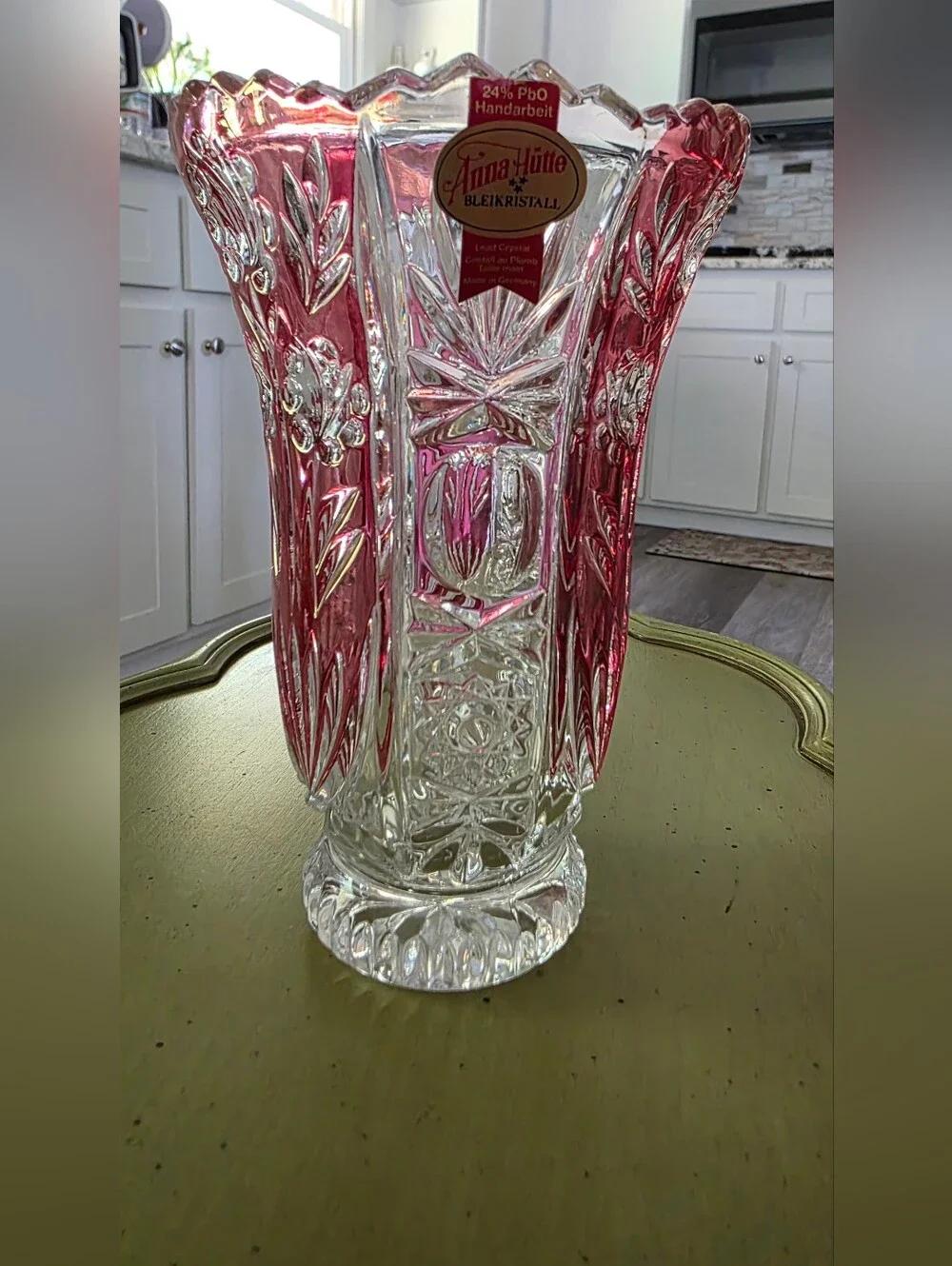 Anna Hutte Pink and Clear Cut Glass Vase